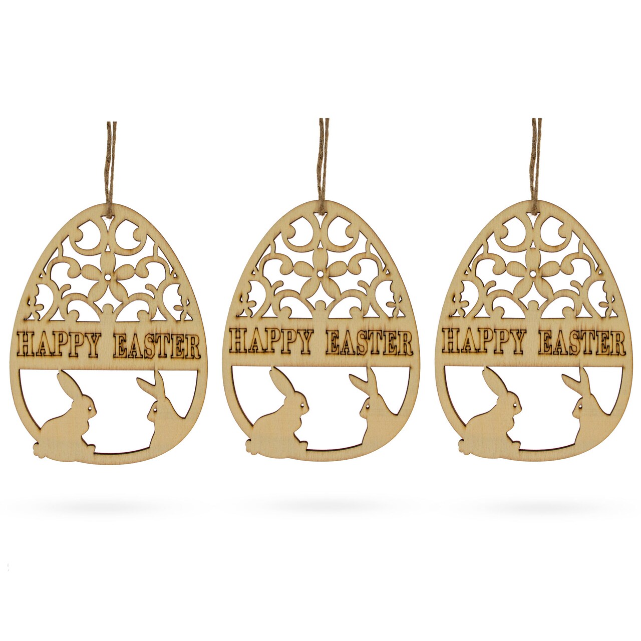 Set of 3 Happy Easter Egg Unfinished Wooden Ornament 4.3 Inches